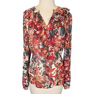 Boho Tribal Red Abstract Floral Ruffle Button Blouse Long Sleeve Women Size 2